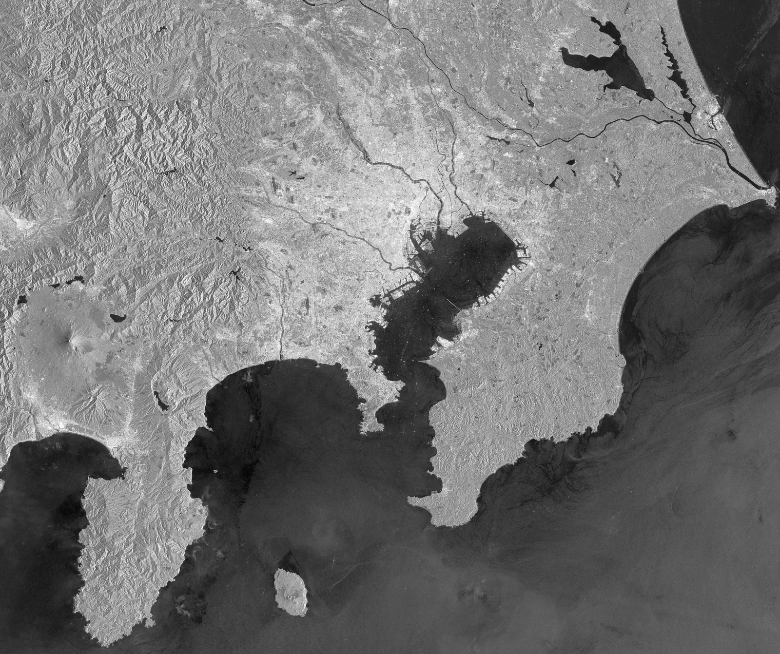 Vue satellitaire radar SAR en noir et blanc de Tokyo, de sa baie et des reliefs environnants.